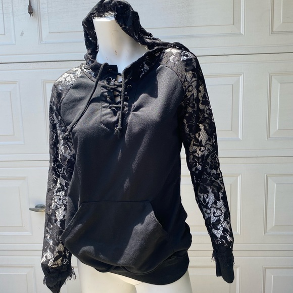 xjf=mc Tops Black Lace Goth Emo Black Hoodie With Lace Hood And